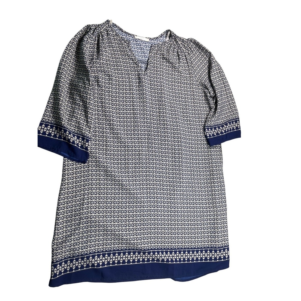 Ezra Womens Large Navy Cream Geometric Print Belted Shift Dress 3/4 Sleeve
